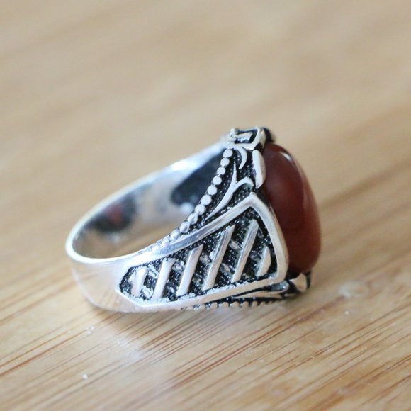 925 Sterling Silver Men's Ring Natural Red Agate - Picture 6 of 11